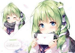 Rule 34 | 1girl, animal, blue eyes, blush, character name, enpera, flower, frog hair ornament, green hair, grey scarf, hair ornament, hair tubes, highres, holding, kochiya sanae, letter, long hair, long sleeves, looking at viewer, miyase mahiro, nemophila (flower), one eye closed, open mouth, plaid, plaid scarf, scarf, simple background, sleeves past wrists, smile, snake, snake hair ornament, solo, touhou, upper body, white background, winter clothes