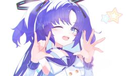 Rule 34 | 1girl, \m/, blue archive, blue choker, blue eyes, blue sailor collar, blush, bow choker, choker, chromatic aberration, commentary request, detached sleeves, halo, idol, long hair, looking at viewer, mischievous straight uniform (blue archive), official alternate costume, one eye closed, open mouth, purple hair, sailor collar, simple background, smile, solo, tatara (alnath may), two side up, upper body, white background, yuuka (blue archive)