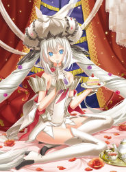 Rule 34 | 1girl, absurdly long hair, blue eyes, boots, cake, cake slice, cape, cherry, cross akiha, cup, curtains, dress, drill hair, eating, fate/grand order, fate (series), flower, food, fork, fruit, gem, gloves, hair flower, hair ornament, hat, high heel boots, high heels, large hat, long hair, looking at viewer, marie antoinette (fate), marie antoinette (third ascension) (fate), md5 mismatch, petals, pillow, plate, purple flower, purple rose, red flower, red rose, rose, rose petals, short dress, silver hair, solo, strawberry, strawberry shortcake, tea, teacup, teapot, thigh boots, thighhighs, twin drills, very long hair, white footwear, white thighhighs