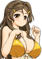 Rule 34 | 1girl, bare shoulders, bikini, blush, breasts, brown eyes, brown hair, cleavage, front-tie top, frown, hair ornament, hairclip, huge breasts, kasanui, large breasts, long hair, shinomiya himawari, shiny skin, simple background, solo, swimsuit, upper body, vividred operation, white background