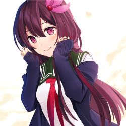 Rule 34 | 1girl, brown hair, commentary request, crescent, crescent pin, green sailor collar, hair ornament, jacket, kantai collection, kisaragi (kancolle), kisaragi kai ni (kancolle), long hair, looking at viewer, neckerchief, pink eyes, red neckerchief, sailor collar, simple background, smile, solo, upper body, white background, yunamaro