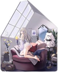 Rule 34 | 1girl, ass, azur lane, bare legs, barefoot, blue eyes, blush, book, book stack, byulzzi, closed mouth, commentary request, couch, feet, flower, full body, grey hair, hair brush, heterochromia, highres, long hair, looking at viewer, looking back, manjuu (azur lane), mirror, murmansk (azur lane), murmansk (sceneries of pure snow) (azur lane), nightgown, no panties, northern parliament (emblem), official alternate costume, official art, pillow, purple eyes, see-through, seiza, sitting, smile, soles, solo, stack, uniform, white nightgown, window