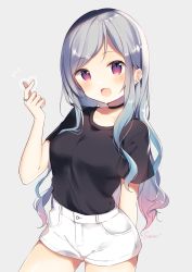 Rule 34 | 1girl, :d, absurdres, arm behind back, black shirt, blush, breasts, choker, cowboy shot, ear piercing, fang, finger heart, gradient hair, grey background, highres, jewelry, long hair, looking at viewer, medium breasts, multicolored hair, open mouth, piercing, purple eyes, ring, shiino sera, shirt, short shorts, shorts, silver hair, simple background, skin fang, smile, solo, standing, wavy hair, white shorts