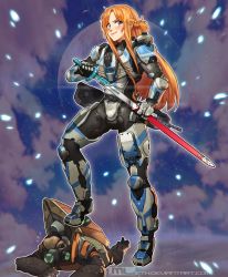 Rule 34 | 1girl, absurdres, alien, armor, asuna (sao), blush, braid, brown eyes, brown hair, crossover, eyebrows, french braid, full body, halo (game), halo (series), highres, honeycomb pattern, long hair, long legs, mleth, power armor, scabbard, sheath, sidelocks, smile, solo focus, standing, stepped on, sword, sword art online, unggoy (halo), unsheathing, weapon