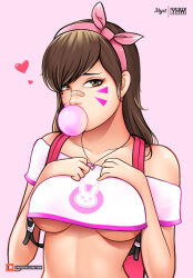 Rule 34 | 1girl, artist logo, artist name, backpack, bag, bandaid, bandaid on face, bandaid on nose, breasts, brown eyes, brown hair, blowing bubbles, chewing gum, collarbone, crop top, d.va (overwatch), eyelashes, facial tattoo, female focus, freckles, hairband, hands over breasts, heart, heart necklace, heart tattoo, highres, jewelry, long hair, medium breasts, mystyhw, necklace, overwatch, overwatch 1, paid reward available, patreon logo, patreon username, pink background, pink hairband, solo, tattoo, underboob, upper body, watermark, web address