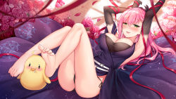 Rule 34 | 1girl, armpits, arms up, ass, azur lane, barefoot, belt, bird, black dress, black panties, blurry, blush, breasts, brown gloves, chick, cleavage, covered erect nipples, depth of field, dress, elbow gloves, flower, gloves, green eyes, highres, large breasts, legs up, long dress, long hair, looking at viewer, lying, manjuu (azur lane), memphis (azur lane), on back, on floor, open mouth, panties, pink flower, pink hair, red ribbon, resolution mismatch, ribbon, rose, side-tie panties, side slit, silveroid, sleeveless, sleeveless dress, smile, solo, source larger, thighs, tile floor, tiles, underwear