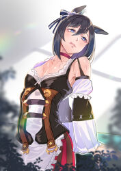 Rule 34 | 1girl, absurdres, animal ears, bare shoulders, black hair, blue eyes, breasts, chestnut mouth, choker, cleavage, clothes lift, commentary request, cowboy shot, detached sleeves, dirndl, doushi tatsu to dekkai no, dress, ear ornament, eishin flash (umamusume), frilled dress, frills, german clothes, hair between eyes, highres, horse ears, horse girl, horse tail, large breasts, licking lips, long sleeves, looking at viewer, open mouth, red choker, short hair, solo, sweat, sweatdrop, tail, thighs, tongue, tongue out, umamusume