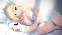 Rule 34 | bare arms, bare shoulders, blonde hair, blue eyes, blue nails, boku wa tomodachi ga sukunai, braid, breasts, butterfly hair ornament, cait aron, cake, cake slice, cleavage, closed mouth, collarbone, commentary request, dress, drink, food, hair ornament, highres, kashiwazaki sena, large breasts, long hair, looking at viewer, lying, nail polish, on side, sleeveless, smile, thighs, white dress