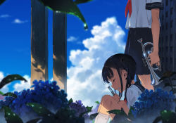 Rule 34 | 2girls, black skirt, blouse, blue sky, blurry, clenched hands, clenched teeth, cloud, cloudy sky, crying, day, depth of field, flower, flute, from side, hydrangea, instrument, leaf, legs together, multiple girls, neckerchief, original, out of frame, outdoors, parted lips, pleated skirt, profile, red neckerchief, shirt, short sleeves, sidelocks, sitting, skirt, sky, standing, tears, teeth, trumpet, twintails, water drop, white legwear, white shirt, yoneyama mai