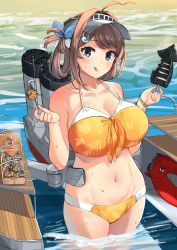 Rule 34 | 1girl, :q, bikini, blue eyes, blush, bracelet, breasts, brown hair, chougei (kancolle), cleavage, commentary request, enemy lifebuoy (kancolle), food, fried squid, hair ornament, hair rings, hat, highres, holding, holding food, jewelry, kantai collection, large breasts, long hair, looking at viewer, navel, orange bikini, osananajimi neko, outdoors, rigging, solo, standing, sunglasses, swimsuit, takoyaki, tongue, tongue out, visor cap, wading, water