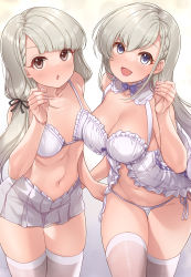 Rule 34 | 2girls, :d, :o, babydoll, bare shoulders, black ribbon, blue bow, blue bowtie, blue eyes, blush, bow, bowtie, braid, breasts, brown eyes, cleavage, cowboy shot, front slit, gradient background, grey background, grey skirt, hair ribbon, handjob gesture, highres, hisakawa hayate, hisakawa nagi, idolmaster, idolmaster cinderella girls, large breasts, long hair, looking at viewer, low twintails, miniskirt, mk (mod0), motion lines, multiple girls, navel, open mouth, panties, ribbon, siblings, side-tie panties, silver hair, sisters, skindentation, skirt, small breasts, smile, stomach, thigh gap, thighhighs, twins, twintails, underwear, underwear only, very long hair, white panties, white ribbon