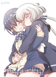 Rule 34 | 2girls, arm up, black dress, black hair, black jacket, black skirt, blazer, blush, cardigan, cheek-to-cheek, commentary request, dress, closed eyes, holding hands, hand on another&#039;s arm, heads together, highres, hug, hug from behind, jacket, konno junko, long hair, low twintails, mizuno ai, multiple girls, one eye closed, open mouth, plaid, plaid skirt, red eyes, ribbon, sailor collar, sailor dress, school uniform, short hair, silver hair, simple background, skirt, smile, studiozombie, twintails, white background, yellow cardigan, yuri, zombie land saga