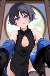 Rule 34 | 1boy, :q, black dress, black hair, black jacket, blue eyes, blush, china dress, chinese clothes, chobonu, cleavage cutout, clothing cutout, dress, genshin impact, hair between eyes, highres, jacket, long sleeves, looking at viewer, male focus, pectoral cleavage, pectorals, scaramouche (genshin impact), short hair, solo, teeth, thighhighs, tongue, tongue out, trap, wanderer (genshin impact)