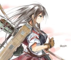 Rule 34 | 10s, 1girl, akagi (kancolle), arrow (projectile), blood, bow (weapon), breasts, brown eyes, brown gloves, brown hair, commentary request, flight deck, from side, gloves, injury, japanese clothes, kantai collection, long hair, muneate, nao (qqqbb), quiver, sketch, solo, tasuki, twitter username, weapon