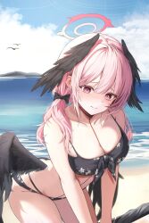 Rule 34 | 1girl, bikini, bird, black bow, black wings, blue archive, bow, breasts, cleavage, closed mouth, cloud, day, hair bow, halo, head wings, highres, koharu (blue archive), koharu (swimsuit) (blue archive), low wings, medium breasts, outdoors, personality2407, pink hair, pink halo, solo, swimsuit, twintails, wings