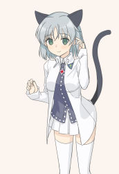 Rule 34 | 1girl, animal ears, black shirt, cat ears, cat tail, closed mouth, colored skin, green eyes, grey background, grey hair, highres, jacket, long sleeves, mao lian (nekokao), medium hair, miniskirt, necktie, open clothes, open jacket, pleated skirt, sanya v. litvyak, shirt, simple background, skirt, smile, solo, strike witches, tail, thighhighs, white jacket, white skin, white thighhighs, world witches series, zettai ryouiki