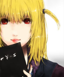 Rule 34 | 1girl, amane misa, bad id, bad pixiv id, blonde hair, death note, himasen, lips, red eyes, short twintails, smile, solo, twintails, two side up, upper body