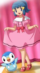 Rule 34 | 1girl, blue eyes, blue hair, bow, bowtie, creatures (company), crossed legs, curtsey, dawn (pokemon), dress, game freak, gen 4 pokemon, crossed legs, nintendo, open mouth, piplup, pokemoa, pokemon, pokemon (anime), pokemon (creature), ponytail, ribbon, smile, watson cross