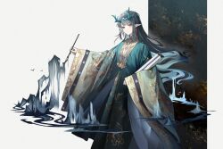 Rule 34 | 1girl, arknights, bird, black hair, calligraphy brush, chinese clothes, dusk (arknights), earrings, hanfu, highres, horns, jewelry, long hair, looking at viewer, mountain, paintbrush, pointy ears, red eyes, umie (iowae)