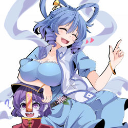 Rule 34 | 2girls, ?, bangle, belt, blue dress, blue hair, blush, bracelet, breast hold, breast rest, breasts, breasts on head, cleavage, closed eyes, collarbone, colored skin, dress, drill hair, eyebrows, fang, flower, hair between eyes, hair ornament, hair rings, hair stick, heart, highres, huge breasts, index finger raised, jewelry, kaku seiga, miyako yoshika, multiple girls, nail polish, ofuda, open clothes, open mouth, puffy short sleeves, puffy sleeves, purple eyes, purple hair, purple skin, rihito (usazukin), ringed eyes, sharp teeth, shawl, short hair, short sleeves, smile, teeth, touhou