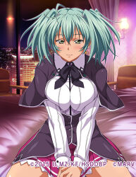 Rule 34 | 1girl, ahoge, bed, bedroom, black bow, black bowtie, black capelet, blue hair, blush, bow, bowtie, breasts, breasts apart, capelet, city lights, closed mouth, collared shirt, dress shirt, earrings, green eyes, hair between eyes, high school dxd, ikkitousen, impossible clothes, indoors, jewelry, kuoh academy school uniform, large breasts, long hair, long sleeves, looking at viewer, magatama, magatama earrings, miniskirt, pleated skirt, red skirt, ryofu housen, school uniform, shirt, sitting, skirt, smile, solo, twintails, underbust, white shirt, wing collar