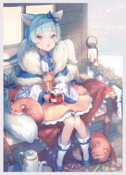 Rule 34 | 1girl, animal, animal ears, bench, blue capelet, blue hair, blue ribbon, boots, brown skirt, burning, candle, capelet, commentary, cup, drinking straw, fire, food, fox, fox ears, fox girl, fox tail, fur-trimmed capelet, fur trim, hair between eyes, hair ribbon, highres, holding, holding cup, lantern, long sleeves, looking at viewer, marshmallow, mug, original, outdoors, parted lips, rapueru, red eyes, ribbon, sitting, skirt, solo, steam, striped, tail, teapot, teeth, twitter username, upper teeth only, vertical stripes, white footwear, wide sleeves, window, wooden floor, wooden wall