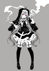 Rule 34 | 1girl, bandaged arm, bandages, bandaid, bandaid on face, character request, cigarette, commentary request, dress, fingernails, frilled dress, frills, full body, garter straps, gothic lolita, grey background, habit, hair ornament, halo, hand to head, head tilt, heterochromia, highres, holding, holding cigarette, hoshikawa sara, jewelry, kakyoxx, kamippoina (vocaloid), lolita fashion, long hair, looking at viewer, monochrome, nail polish, nijisanji, nun, official art, piercing, pink eyes, ring, simple background, smoke, smoking, solo, spot color, standing, thighhighs, tongue, tongue out, tongue piercing, virtual youtuber, vocaloid, wrist cuffs, x hair ornament, yellow eyes, zettai ryouiki