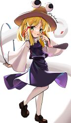 1girl animal blonde_hair blush commentary_request esujii_(sg_gush_wak) full_body green_eyes hair_ribbon hat high_collar highres long_hair long_sleeves looking_to_the_side moriya_suwako ribbon skirt skirt_set smile snake solo standing standing_on_one_leg touhou