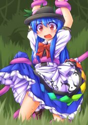 Rule 34 | 2girls, arms up, blue hair, blush, boots, bow, dress, female focus, food, fruit, fun bo, hat, hinanawi tenshi, long hair, multiple girls, nagae iku, open mouth, peach, red eyes, restrained, revision, sweat, tentacles, touhou