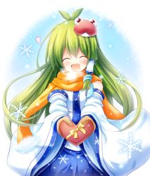 Rule 34 | 1girl, :d, adapted costume, box, brown gloves, commentary request, detached sleeves, closed eyes, frog hair ornament, gift, gift box, gloves, green hair, hair ornament, heart-shaped box, highres, incoming gift, kochiya sanae, long hair, long sleeves, open mouth, osashin (osada), scarf, shirt, skirt, smile, snake hair ornament, solo, touhou, valentine, very long hair, wide sleeves