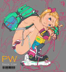 Rule 34 | 1girl, :/, :t, backpack, bag, barcode, bikini, bikini bottom only, blonde hair, blue bikini, body writing, bow, breast press, breasts, english text, fingerless gloves, full body, glasses, gloves, green gloves, grey background, haikeb89, hair bow, inline skates, original, partially colored, red bow, roller skates, skates, small breasts, solo, squatting, sunglasses, swimsuit, tan, tanline, topless, twintails, zoom layer