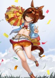 Rule 34 | 1girl, ;), animal ears, black hair, blue jacket, blue sky, blush, bow, brown eyes, brown hair, cheerleader, closed mouth, cloud, collarbone, commentary, confetti, crop top, day, dokomon, highres, horse ears, horse girl, horse tail, jacket, korean commentary, long sleeves, multicolored hair, navel, nice nature (run&amp;win) (umamusume), nice nature (umamusume), one eye closed, open clothes, open jacket, orange shorts, outdoors, pleated skirt, pom pom (clothes), ponytail, puffy long sleeves, puffy sleeves, red bow, red footwear, ribbed legwear, shirt, shoes, short shorts, shorts, skirt, sky, smile, socks, solo, standing, standing on one leg, streaked hair, tail, umamusume, v, white shirt, white skirt