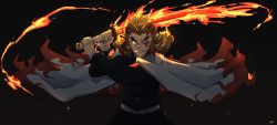 Rule 34 | 1boy, absurdres, blonde hair, blood, blood on face, cape, colored tips, commentary, dark background, fire, forked eyebrows, glowing, glowing eye, highres, holding, holding sword, holding weapon, katana, kimetsu no yaiba, long sleeves, looking at viewer, male focus, multicolored hair, one eye closed, red hair, rengoku kyoujurou, solo, sword, upper body, weapon, white cape, yellow eyes, zaniaii