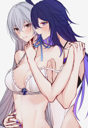 Rule 34 | 2girls, ahoge, alternate costume, blue eyes, blue hair, blue nails, blush, bra, breasts, bronya rand, collarbone, colored inner hair, commentary, couple, crossed bangs, english commentary, grey hair, hair between eyes, hand on another&#039;s shoulder, hand on another&#039;s stomach, honkai: star rail, honkai (series), large breasts, looking at another, multicolored hair, multiple girls, navel, seele (honkai: star rail), sieka (piiroinardesco), simple background, underwear, upper body, white background, white bra, yuri
