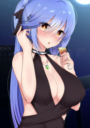 Rule 34 | 1girl, absurdres, alcohol, azur lane, bare shoulders, black dress, black ribbon, blue hair, blush, breasts, center opening, champagne, champagne flute, cleavage, cup, dress, drinking glass, drunk, essex (azur lane), essex (craft fairytail) (azur lane), evening gown, hair between eyes, hair ribbon, halter dress, halterneck, highres, holding, holding cup, large breasts, long hair, looking at viewer, moon, ribbon, sleeveless, sleeveless dress, solo, sura sura, yellow eyes