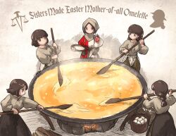 Rule 34 | 5girls, apron, balance scale print, brown eyes, brown hair, bucket, cooking, egg, fire, food, habit, highres, holding, ironlily, long hair, mid neutral sister (ironlily), multiple girls, omelet, ordo mediare sisters (ironlily), single braid sister (ironlily), frying pan, stove, twin braids sister (ironlily)