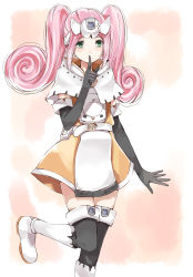 Rule 34 | 1girl, bad id, bad pixiv id, black gloves, black thighhighs, blue eyes, boots, capelet, controller, elbow gloves, finger to mouth, forehead protector, game console, game controller, gamepad, gloves, highres, knee boots, leg lift, long hair, nyoijizai, personification, pink hair, sega dreamcast, sega dreamcast (sega hard girls), sega hard girls, shushing, solo, thighhighs, twintails
