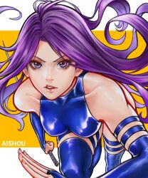 Rule 34 | 1girl, absurdres, artist name, boots, breasts, fingernails, foreshortening, gloves, highres, jumping, katana, leotard, lips, long hair, looking at viewer, marvel, medium breasts, psylocke, purple eyes, purple gloves, purple hair, revealing clothes, shiny clothes, shiny skin, solo, sword, thigh boots, v-shaped eyebrows, weapon, wide hips, x-men
