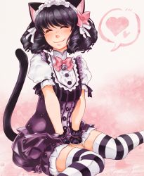Rule 34 | 10s, 1girl, ^ ^, animal ears, arms between legs, artist name, bell, black hair, blush, bow, bowtie, cat ears, cat tail, closed eyes, closed mouth, curly hair, cyan (show by rock!!), dated, hairband, head tilt, heart, high-waist skirt, highres, jingle bell, lolita hairband, pink bow, pink bowtie, puffy short sleeves, puffy sleeves, purple skirt, shirt, short sleeves, show by rock!!, sitting, skirt, smile, solo, spoken heart, striped clothes, striped shirt, striped thighhighs, tail, thighhighs, tricky (tirckt), twitter username, v arms, vertical-striped clothes, vertical-striped shirt, wariza