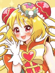 Rule 34 | 1girl, :d, back bow, blonde hair, blush, bow, brooch, bun cover, cure yum-yum, delicious party precure, double bun, drill hair, gloves, green bow, hair bun, hanamichi ran, hat, hat bow, heart, heart brooch, highres, jewelry, long hair, looking at viewer, magical girl, mini hat, open mouth, precure, red eyes, smile, solo, striped, striped bow, twin drills, umiyuki (umi chu), upper body, white gloves