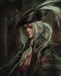 Rule 34 | 1girl, artist request, ascot, blood, bloodborne, blue eyes, coat, gem, gloves, hat, hat feather, highres, lady maria of the astral clocktower, long hair, looking at viewer, ponytail, simple background, solo, the old hunters, tricorne, undefined, white hair