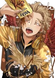 Rule 34 | 1boy, alternate costume, arm up, artist name, bad id, bad pixiv id, beard, blonde hair, boku no hero academia, commentary, earrings, facial hair, falling, feathered wings, feathers, food, hawks (boku no hero academia), headphones, headphones around neck, holding, jacket, jewelry, kadeart, long sleeves, male focus, open mouth, pocky, red wings, short hair, solo, sukajan, teeth, tongue, tongue out, upper body, wings, yellow eyes