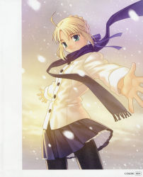 Rule 34 | 1girl, absurdres, ahoge, artoria pendragon (all), artoria pendragon (fate), blonde hair, blue scarf, fate/stay night, fate (series), highres, official alternate costume, pantyhose, ribbon, saber (fate), scan, scarf, skirt, snow, solo, takeuchi takashi