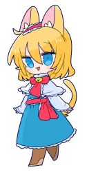 Rule 34 | 1girl, alice margatroid, animal ears, ascot, bell, blonde hair, blue dress, blue eyes, boots, brown footwear, capelet, cat ears, cat tail, dress, frilled ascot, frilled dress, frilled hairband, frills, hairband, highres, jingle bell, lolita hairband, long sleeves, medium hair, op na yarou, puffy short sleeves, puffy sleeves, red ascot, red hairband, short sleeves, simple background, solo, tail, touhou, white background, white capelet