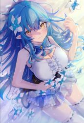 Rule 34 | 1girl, absurdres, ahoge, bed sheet, blue bow, blue flower, blue hair, blush, bow, breasts, cleavage, cleavage cutout, closed mouth, clothing cutout, eyelashes, flower, frilled skirt, frilled thighhighs, frills, glint, hair between eyes, highres, hololive, large breasts, light particles, light rays, long eyelashes, long hair, looking at viewer, lying, multicolored hair, on back, pointy ears, see-through, see-through skirt, setokane, skirt, smile, snowflake print, solo, streaked hair, thighhighs, virtual youtuber, white flower, white thighhighs, yellow eyes, yukihana lamy