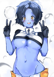 Rule 34 | 10s, 1girl, :d, black gloves, black hair, blue skin, blush, boku no hero academia, breasts, bubble girl (boku no hero academia), colored skin, crop top, double v, gloves, groin, highres, kani fish, looking at viewer, medium breasts, navel, open mouth, short hair, short sleeves, sketch, smile, solo, underboob, v, yellow eyes