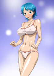 Rule 34 | 1girl, ann, blue eyes, blue hair, breasts, covered erect nipples, female focus, highres, large breasts, nel-zel formula, one piece, swimsuit