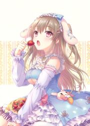 Rule 34 | 1girl, animal ears, ayaginu temari, bare shoulders, between legs, blue bow, blue dress, blush, bow, breasts, brown hair, cleavage, commentary request, commission, cowboy shot, detached sleeves, dress, eyelashes, floating hair, food, frilled dress, frilled sleeves, frills, fruit, hair between eyes, hair bow, hair ornament, hairclip, hand between legs, hand up, highres, holding, holding food, holding fruit, isekai tensei shite v ni narimashita, kousetsu, large breasts, long hair, long sleeves, looking at viewer, mole, mole under eye, open mouth, petticoat, plaid, plaid bow, rabbit ears, red eyes, signature, simple background, sitting, skeb commission, solo, sparkle, strawberry, two side up, virtual youtuber, white sleeves, yellow background