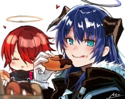 Rule 34 | 2girls, arknights, blue eyes, blue hair, doughnut, eating, exusiai (arknights), food, food on face, gloves, hair over one eye, halo, highres, horns, licking lips, mostima (arknights), multiple girls, nuu (liebe sk), one-hour drawing challenge, red hair, signature, tongue, tongue out, white background, white gloves