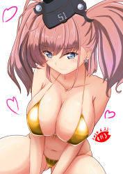 Rule 34 | 1girl, artist logo, atlanta (kancolle), bikini, black hat, breasts, brown hair, cleavage, collarbone, commentary request, cowboy shot, dated, earrings, garrison cap, gold bikini, grey eyes, hat, jewelry, kantai collection, large breasts, long hair, moke ro, simple background, sitting, solo, star (symbol), star earrings, swimsuit, two side up, white background
